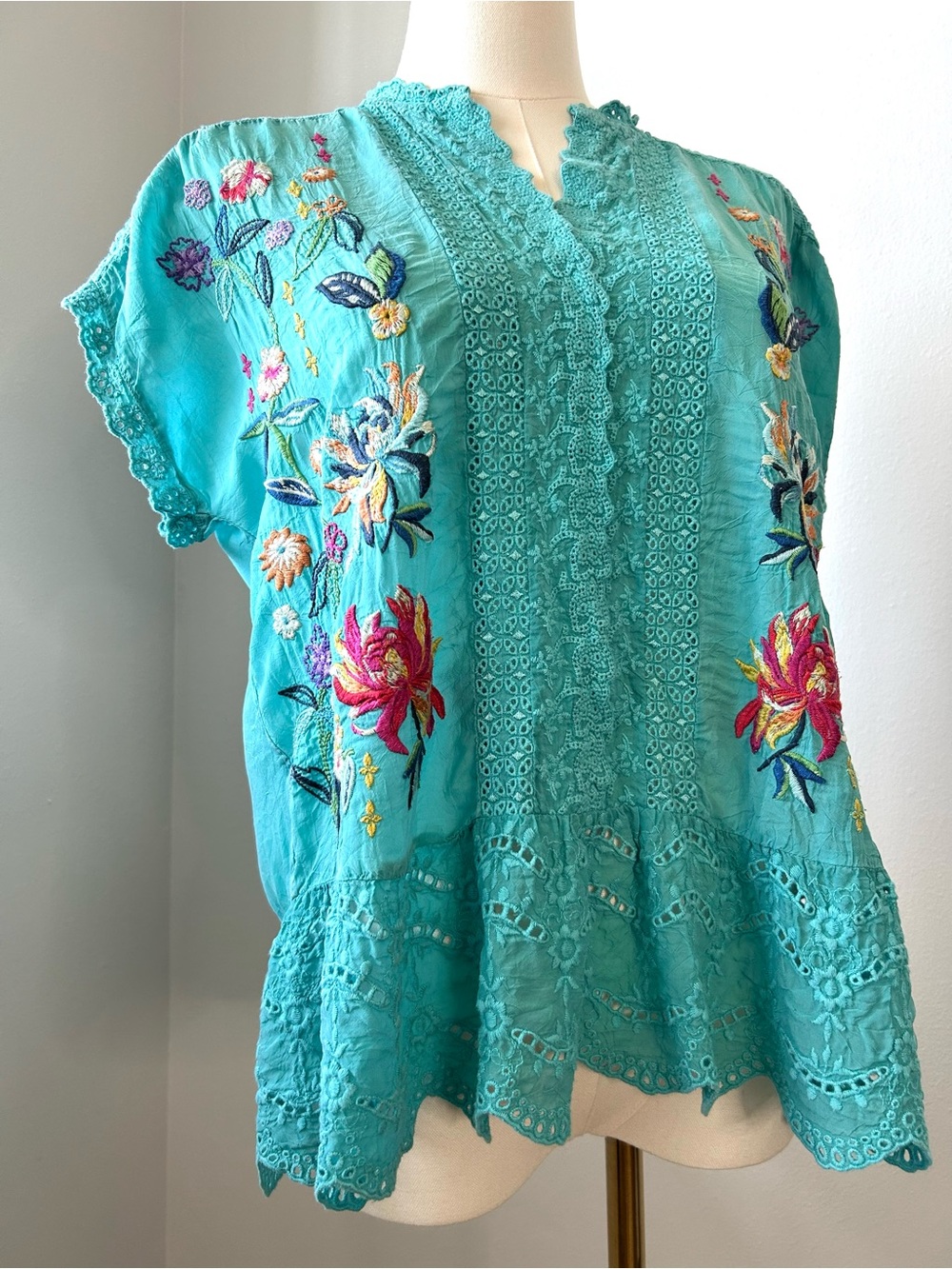 Johnny Was Astrud Aqua Turquoise Embroidered Top Womens S